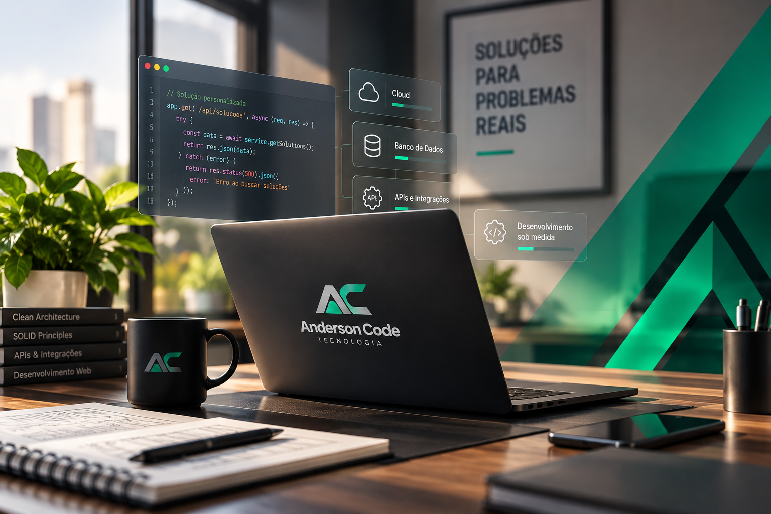 Espaço de trabalho da Anderson Code, com um notebook exibindo código e elementos de integração, APIs, banco de dados e cloud